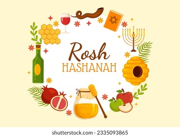 Happy Rosh Hashanah Vector Illustration of Jewish New Year Holiday with Apple, Pomegranate, Honey and Bee in Flat Cartoon Hand Drawn Templates