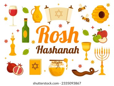 Happy Rosh Hashanah Vector Ilustración de vacaciones judías de Año Nuevo con Apple, granada, miel y abeja en caricaturas planas con plantillas dibujadas a mano