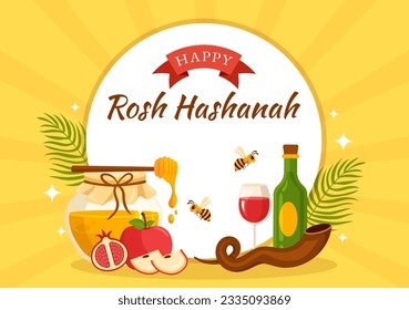 Happy Rosh Hashanah Vector Illustration of Jewish New Year Holiday with Apple, Pomegranate, Honey and Bee in Flat Cartoon Hand Drawn Templates