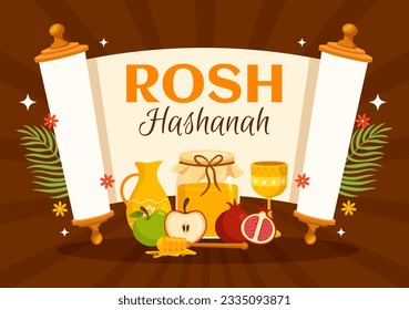 Happy Rosh Hashanah Vector Illustration of Jewish New Year Holiday with Apple, Pomegranate, Honey and Bee in Flat Cartoon Hand Drawn Templates