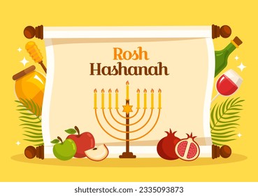 Happy Rosh Hashanah Vector Illustration of Jewish New Year Holiday with Apple, Pomegranate, Honey and Bee in Flat Cartoon Hand Drawn Templates