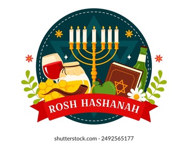 Happy Rosh Hashanah Vector Illustration of Jewish New Year Holiday with Apple, Pomegranate, Honey, and Bee in Flat Style Cartoon Background