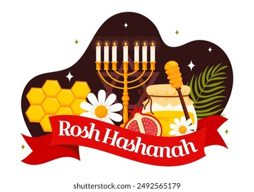 Happy Rosh Hashanah Vector Illustration of Jewish New Year Holiday with Apple, Pomegranate, Honey, and Bee in Flat Style Cartoon Background