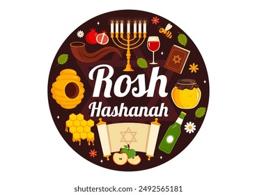 Happy Rosh Hashanah Vector Illustration of Jewish New Year Holiday with Apple, Pomegranate, Honey, and Bee in Flat Style Cartoon Background