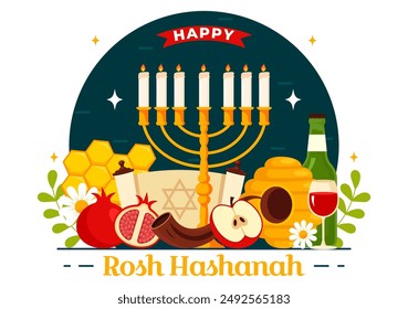 Happy Rosh Hashanah Vector Illustration of Jewish New Year Holiday with Apple, Pomegranate, Honey, and Bee in Flat Style Cartoon Background