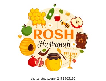 Happy Rosh Hashanah Vector Illustration of Jewish New Year Holiday with Apple, Pomegranate, Honey, and Bee in Flat Style Cartoon Background