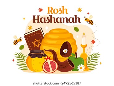 Happy Rosh Hashanah Vektorillustration der jüdischen Neuen Jahr Festliche Musik mit Apfel, Granatapfel, Honig und Biene im flachen Stil Cartoon Hintergrund