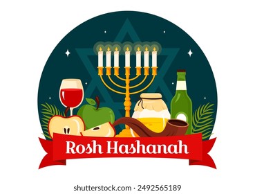 Happy Rosh Hashanah Vector Illustration of Jewish New Year Holiday with Apple, Pomegranate, Honey, and Bee in Flat Style Cartoon Background