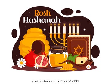 Happy Rosh Hashanah Vektorillustration der jüdischen Neuen Jahr Festliche Musik mit Apfel, Granatapfel, Honig und Biene im flachen Stil Cartoon Hintergrund