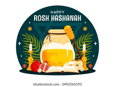 Happy Rosh Hashanah Vector Illustration of Jewish New Year Holiday with Apple, Pomegranate, Honey, and Bee in Flat Style Cartoon Background