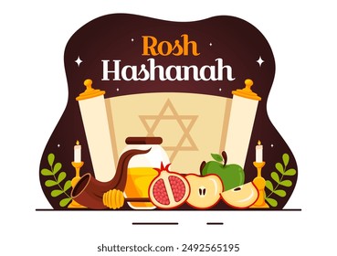 Happy Rosh Hashanah Vector Illustration of Jewish New Year Holiday with Apple, Pomegranate, Honey, and Bee in Flat Style Cartoon Background