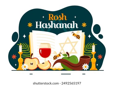 Happy Rosh Hashanah Vektorillustration der jüdischen Neuen Jahr Festliche Musik mit Apfel, Granatapfel, Honig und Biene im flachen Stil Cartoon Hintergrund