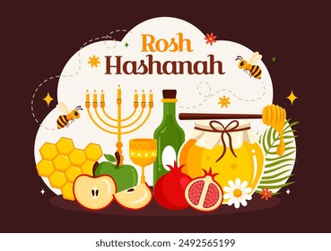 Happy Rosh Hashanah Vector Illustration of Jewish New Year Holiday with Apple, Pomegranate, Honey, and Bee in Flat Style Cartoon Background