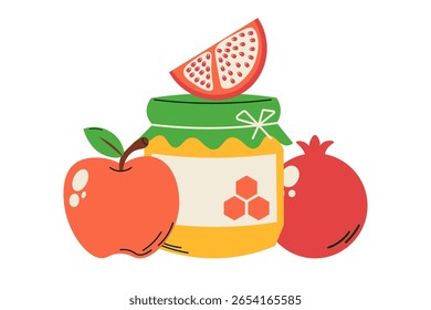 Happy Rosh Hashanah. Vector illustration. Banner with honey, apple and pomegranate