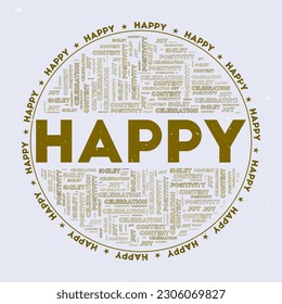 Glücklich - Rundabzeichen. Text glücklich mit Schlagwörtern Wort Wolken und kreisförmigem Text. Alligatorfarben-Thema und Grunge-Textur. Anziehende Vektorgrafik.