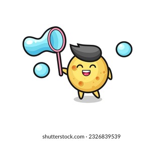 happy round cheese cartoon playing soap bubble , cute style design for t shirt, sticker, logo element