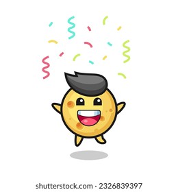 happy round cheese mascot jumping for congratulation with colour confetti , cute style design for t shirt, sticker, logo element