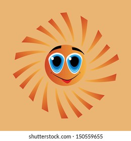 a happy round yellow sun with big blue eyes in a background