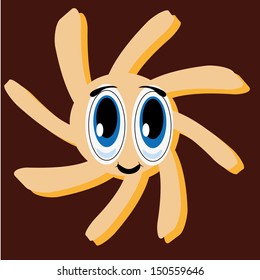 a happy round yellow sun with two big eyes in a brown background
