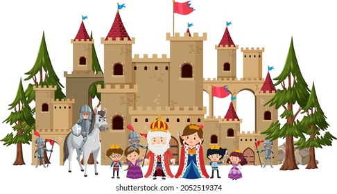 Happy royal family in front of castle illustration