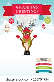 Happy Rudolf's Winter Wonderland with Seasons Greetings red ribbon text banner