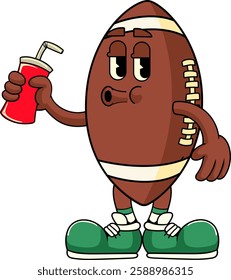 Happy Rugby Ball holding soda can Sports mascot cartoon character in Vintage Style