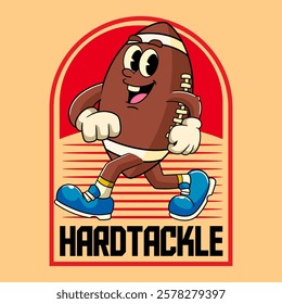 Happy Rugby Ball Sports mascot and slogans cartoon character in Vintage Style