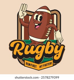 Happy Rugby Ball Sports mascot and slogans cartoon character in Vintage Style