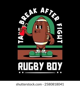 Happy Rugby Ball Sports mascot and slogans cartoon character in Vintage Style