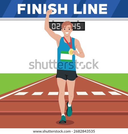 Happy runner crossing the finish line with a gold medal, celebrating victory in a race competition. Flat vector illustration isolated on white background