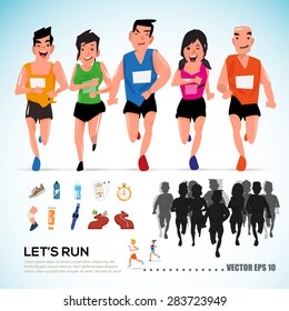 happy runner group with running kit elements and silhouette. character design. info graphic. let's run concept- vector illustration