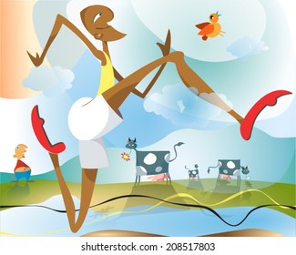 Happy runner with his long legs running a trail, chasing a bird. Summer scene with cows and shepherd on an abstract background.