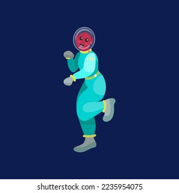 Happy running astronaut on dark blue background. Alien character in space suit cartoon illustration. Futuristic, UFO concept