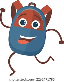 Happy running backpack. Cartoon cheerful school mascot