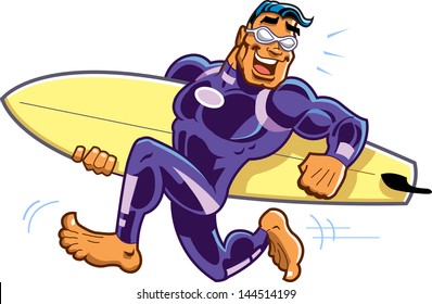 Happy Running Barefoot Surfer Dude with Sunglasses and Surfboard