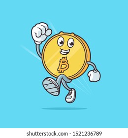 Happy running bitcoin mascot vector cartoon illustration