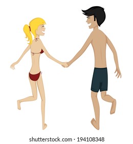 Happy running couple - Colorful and detailed cartoon-style art with a smiling and glad young couple is holding hands while running together in swimsuit