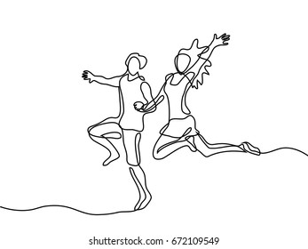 Happy running couple. Continuous line drawing. Vector illustration on white background Happy running couple. Continuous line drawing. Vector illustration on white background