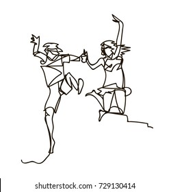 Happy running couple. Continuous line drawing. Vector illustration on white background