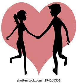 Happy running couple - silhouette of a glad young couple is holding hands while running together in front of a pink heart