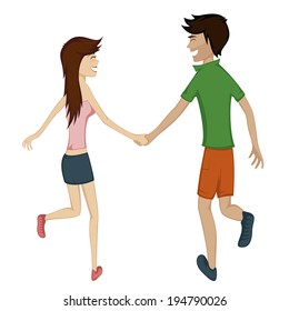 Happy running couple (spring) - Colorful and detailed cartoon-style art with a smiling and glad young couple is holding hands while running together