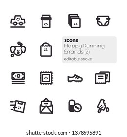 Happy Running Errands (2), Editable Stroke Vector Icon Set