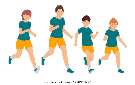 Happy running family, Father, mother, son and daughter run together vector illustration isolated on white background