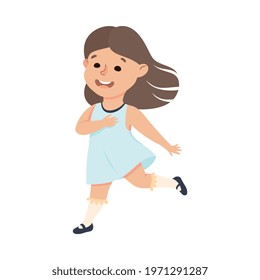 Happy Running Girl, Adorable Preschool Kid Having Fun Wearing Light Blue Dress on Isolated White Background Vector Illustration