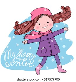 Happy running girl with My happy winter inscription. The girl walking outside in winter