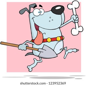 Happy Running Gray Dog With A Bone And Shovel
