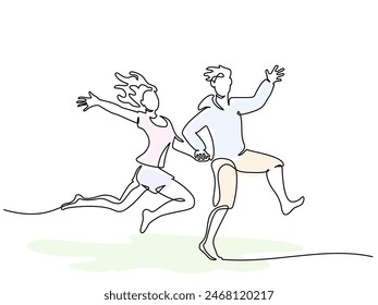 Feliz correr y saltar pareja chica y hombre. Dibujo continuo de una línea. Ilustración vectorial sobre fondo blanco