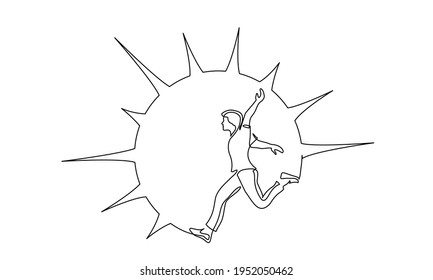 Happy running and jumping man inside sun shape. Continuous one line drawing. Vector illustration.