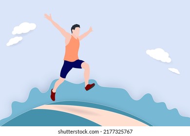 Happy running man on cute outdoor background, Paper cut style illustration vector.