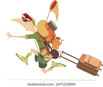 Happy running traveler man.
Smiling running tourist with tourist equipment on the back and bag in the hand. Isolated on white background
